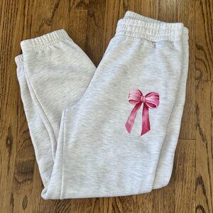 Cream Sweatpants With Pink Bow Design & Elastic Waist Medium
